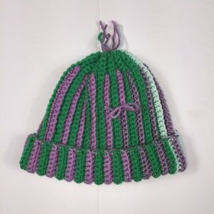 Homemade Green Purple Striped Crochet Beanie Hat
